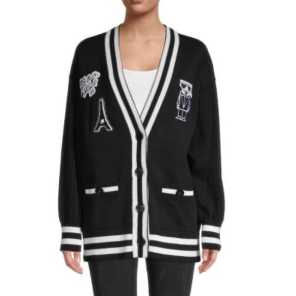 Karl Lagerfeld Varsity sweater cardigan Medium Cats Black Witchy Goth Patchwork - Picture 4 of 13